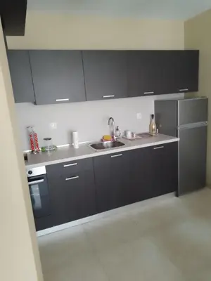 a kitchen with black cabinets and a sink at Nova lofts in Sofia