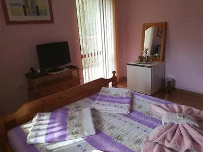 a bedroom with a bed with purple sheets and a mirror at Villa Bulgarka in Divchovoto