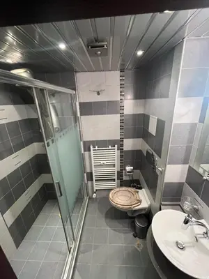 a bathroom with a shower and a toilet and a sink at Apart Burel 56 in Sofia