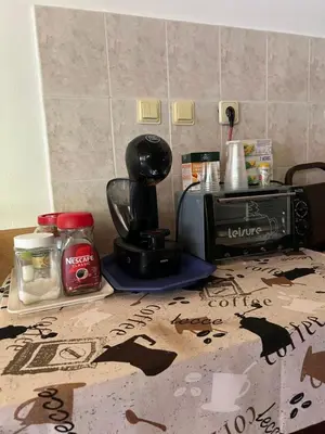a kitchen counter with a coffee maker and a toaster at Guest House Efrosina in Glozhene