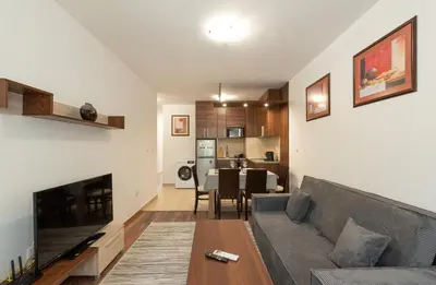 a living room with a couch and a table at Belvedere 2bedroom private apartment in Bansko