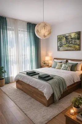 a bedroom with a large bed and a chandelier at Delux 3 - Plovdiv Модерен апартамент,2 спални,център in Plovdiv