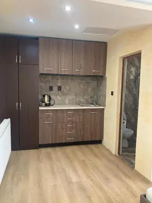 a kitchen with wooden cabinets and a toilet in a room at Guest house Dinaya-2 in Dobrinishte
