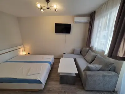 a bedroom with a bed and a couch and a tv at Paradise Studio NBU in Sofia