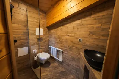 a bathroom with wooden walls and a sink and a toilet at Abies Alba in Yarema residence zone