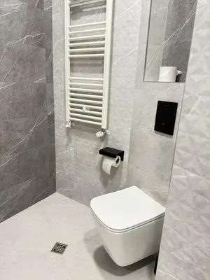 a bathroom with a white toilet and a shower at Stylish 2-Bedroom Apartment in Top Center - 5m walk to Metro station Serdika, Sofia statue -- 1 FullBath & 1Washroom in Sofia
