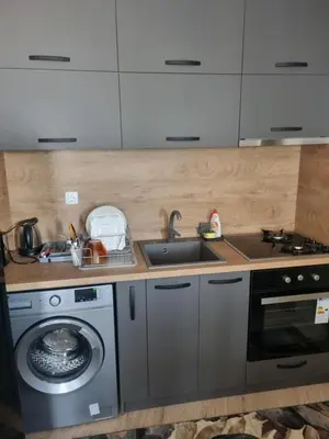 a kitchen with a sink and a washing machine at Apartament Rumqncev in Velingrad
