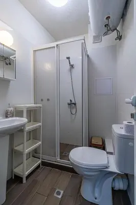 a bathroom with a shower and a toilet and a sink at My Space Deluxe One Bedroom Apartment in Sofia