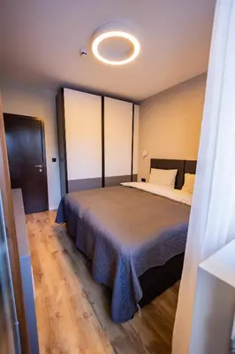 a bedroom with a large bed in a room at Alpine Escape Design apartment Detelina Residence in Bansko