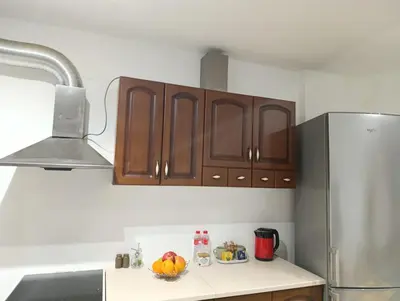 a kitchen with wooden cabinets and a refrigerator at Mladost the City of Fountains Vitosha View in Sofia