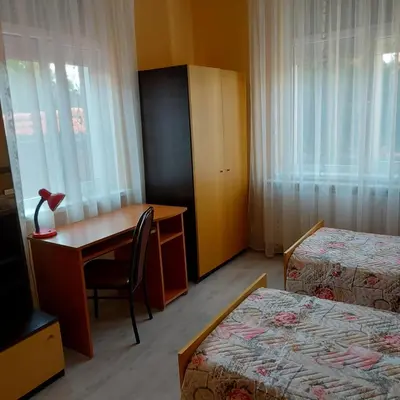 a hotel room with a desk and a bed at Асклепион in Kyustendil