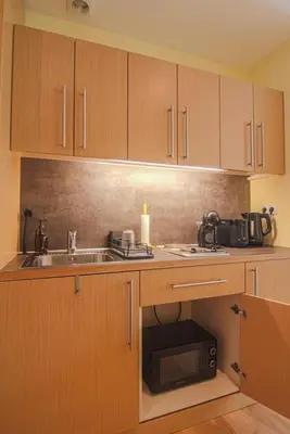 a kitchen with a sink and a microwave at Deno Studio in Borovets