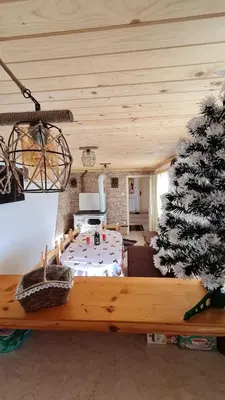 a living room with a christmas tree and a table at Вила Зора in Chepelare