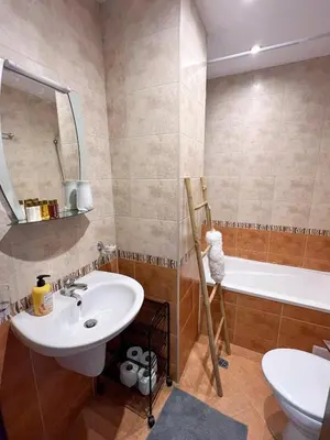 a bathroom with a sink and a tub at Alpine Lodge Chalet in Bansko in Bansko
