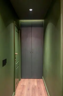 an empty hallway with green walls and wooden floors at Private Premium Apartment in Plovdiv in Plovdiv