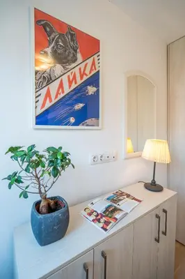 a potted plant on a cabinet with a painting on the wall at SOFIA41 - Prime Location in Sofia