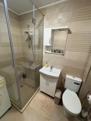 a bathroom with a shower and a toilet and a sink at Nikea apart 2 in Velingrad