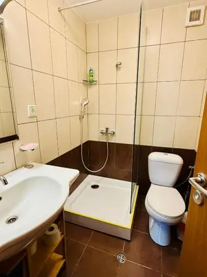 a bathroom with a shower and a toilet and a sink at Grand Resort Pamporovo b19 in Pamporovo