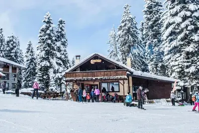 a group of people standing outside of a building in the snow at Private Studio Pine Whisper 4 pax in Euphoria Club in Borovets