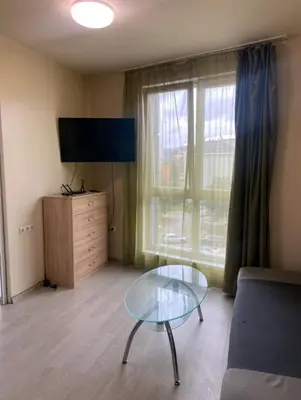 a living room with a glass table and a tv at Student City Vitosha View Apartment in Sofia