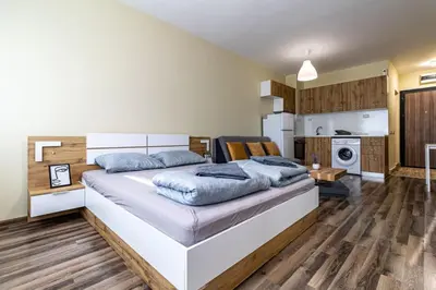 a bedroom with a large bed and a kitchen at 20th Residence Studio in Sofia