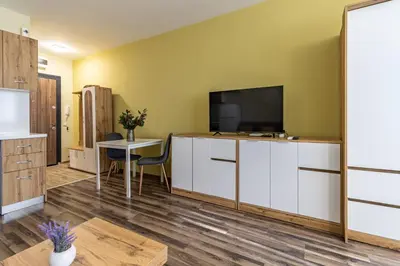 a living room with a television and a table at 20th Residence Studio in Sofia