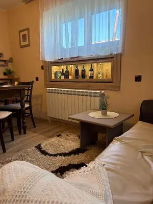 a living room with a table with bottles on a window at Apartment Hristina in Dobrinishte