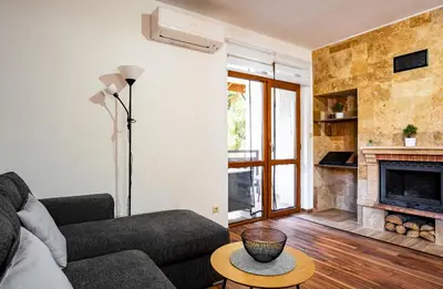 a living room with a couch and a fireplace at Oxygen Time in Smolyan