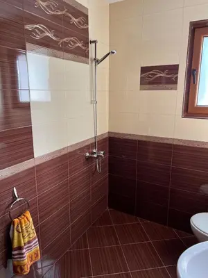 a bathroom with a glass shower with a toilet at The Old Walnut House in Terziysko