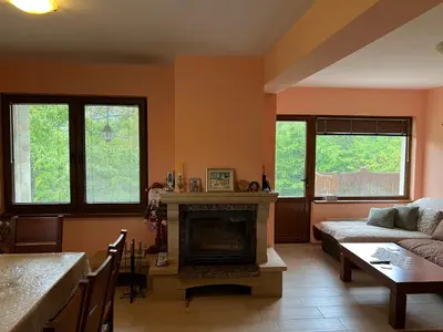 a living room with a fireplace and a couch at The Old Walnut House in Terziysko