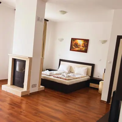 a bedroom with a bed and a fireplace at Everwood Hotel & Restaurant in Govedartsi