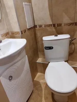 a bathroom with a white toilet and a sink at Апартамент Мария in Bansko