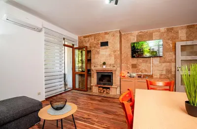 a living room with a couch and a fireplace at Oxygen Time in Smolyan