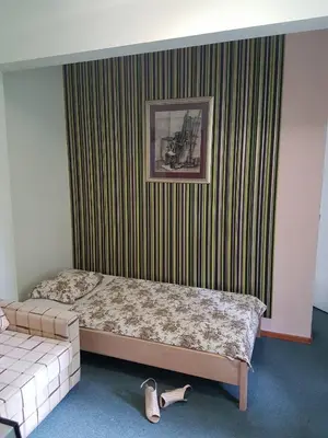 a bedroom with a bed and a striped wall at Boeritza Hotel Complex in Vladaya
