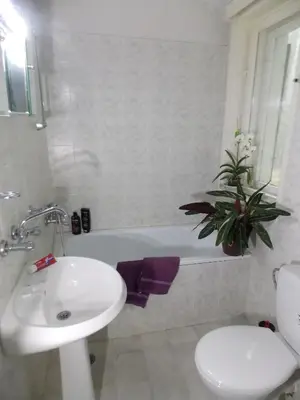 a bathroom with a sink and a toilet and a tub at Boeritza Hotel Complex in Vladaya