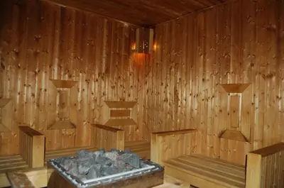 a sauna with wooden walls and a tub with rocks at Лари Б01 in Borovets