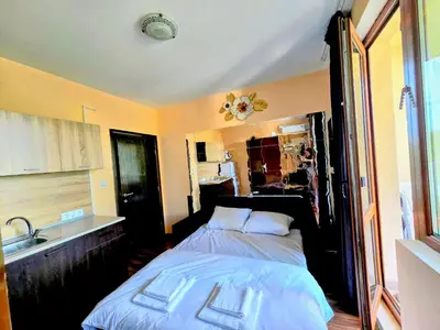 a bedroom with a bed and a sink in it at Апартамент- Студио Кокетно in Sandanski
