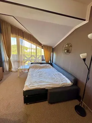 a bedroom with a large bed with a large window at Green View Apartment in Chepelare