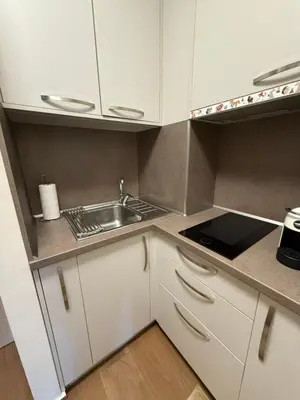 a small kitchen with a sink and a stove at Stylish studio E61 in Borovets Gardens in Borovets