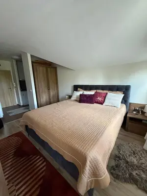 a bedroom with a large bed with pillows on it at Stylish studio E61 in Borovets Gardens in Borovets