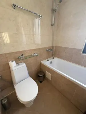 a bathroom with a toilet and a bath tub at Private apartments in Flora Residence in Borovets