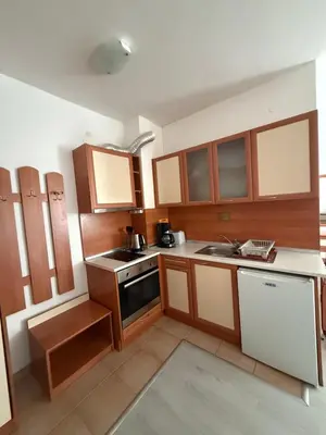 a kitchen with wooden cabinets and a sink at Private apartments in Flora Residence in Borovets