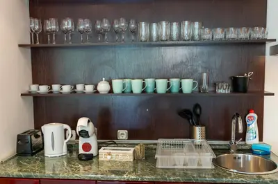 a kitchen counter with a sink and glasses on shelves at Megy's 3rd Top Central Room in Sofia