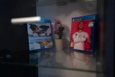 two games on a glass shelf with a plant at 1 minute to main Street & NDK & Free Parking in Sofia