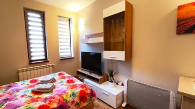 a bedroom with a bed and a flat screen tv at Tulip Studio Deluxe, Grand Resort Pamporovo in Pamporovo