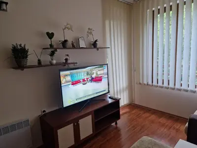 a living room with a flat screen tv on a stand at Cedar Heights 1 Виванко А7 in Pamporovo