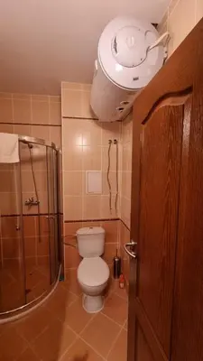 a bathroom with a toilet and a shower and a light at Cedar Heights 1 Виванко А7 in Pamporovo