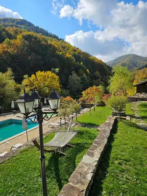 a park with a light pole and a swimming pool at Guest House Robin Hud in Cherni Osŭm
