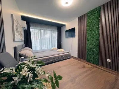 a bedroom with a bed and a green wall at Dream Home A3 in Sofia