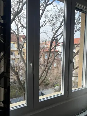 a window with a view of a tree at Spacious artsy apartment in Sofia